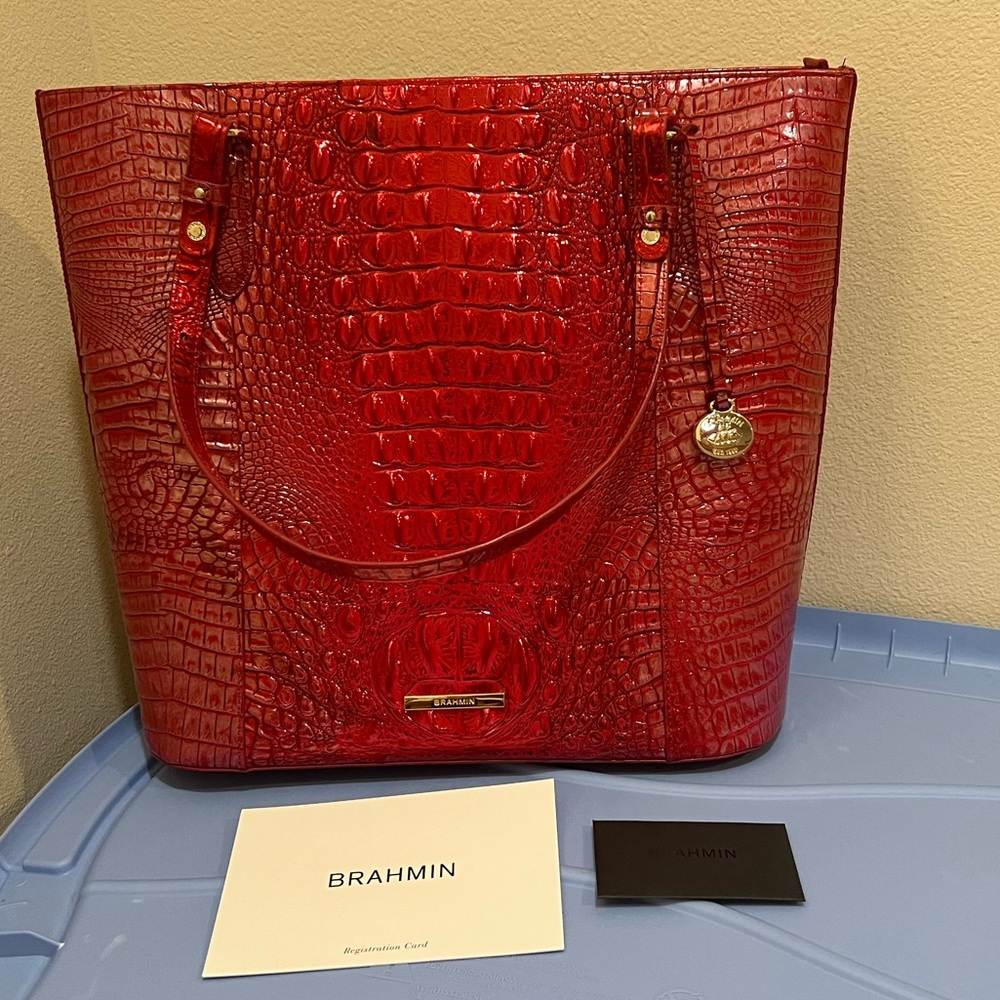 Brahmin Red Crocodile Embossed Tote Bag